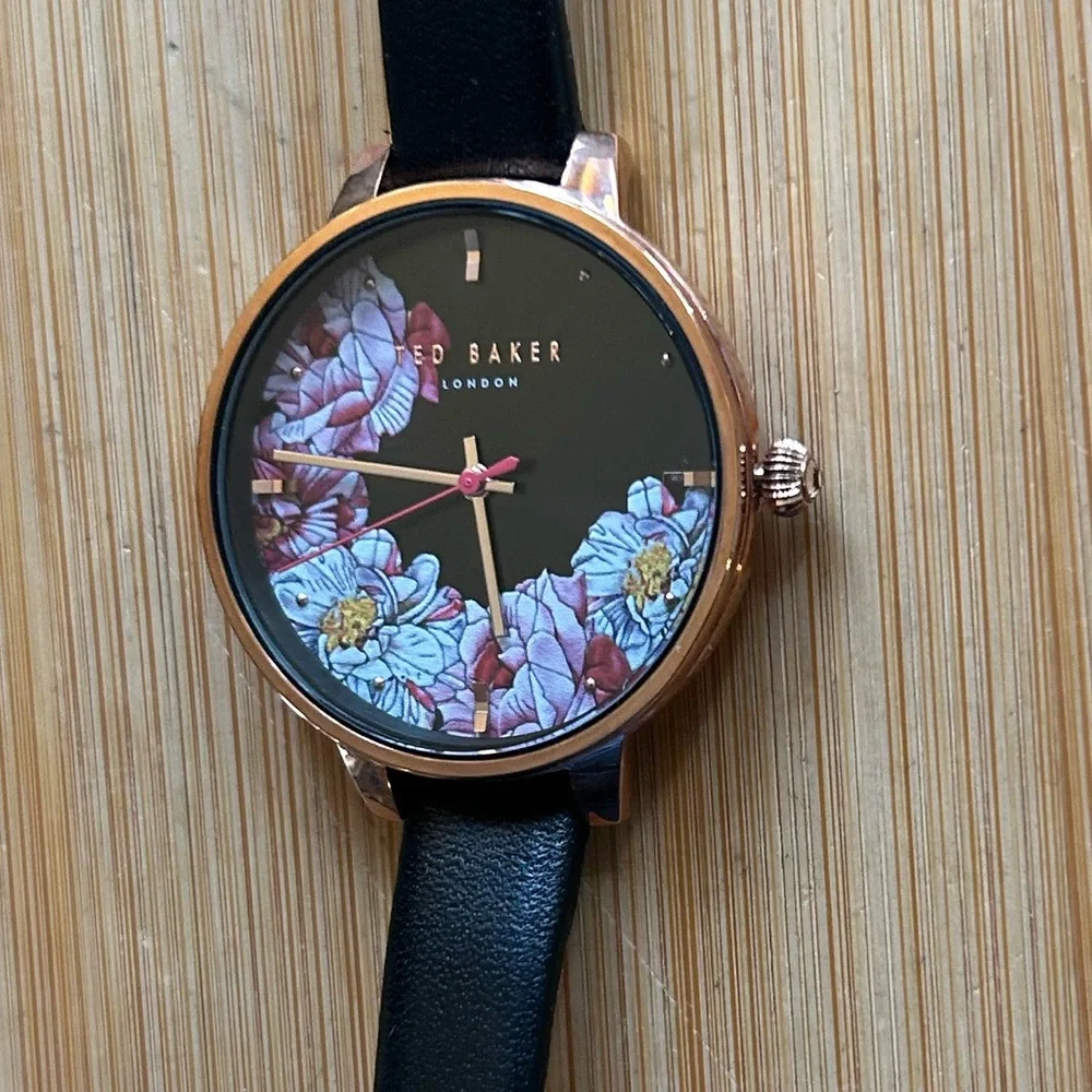 TED BAKER KATE WATCH WITH 32 BLACK FLORAL FACE & BLACK LEATHER BAND